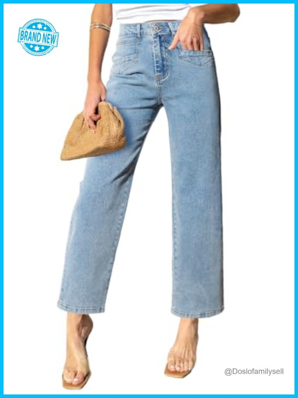 Straight Leg High Waisted Stretchy Ankle Denim Jeans with Pockets